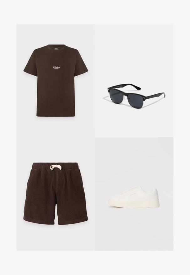 Hnedé bavlnené tričko s krátkym rukávom, okrúhlym výstrihom a malým bielym logom na hrudi. Hladká textúra a bežný strih.; Hnedé kordové šortky s elastickým pásom, sťahovacou šnúrkou a bočnými vreckami. Textília má vertikálne pruhovanie a textúrovaný povrch.; Biele slip-on tenisky s textúrovaným povrchom, hrubou podrážkou a minimalistickým dizajnom. Obsahuje logo značky na boku.; Čierne slnečné okuliare s obdĺžnikovým tvarom, tmavými sklami, striebornými akcentmi na bočných okrajoch a matným povrchom rámu.