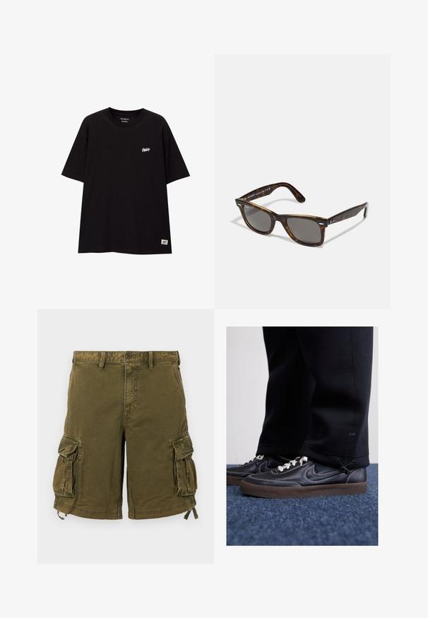 Černé tričko volného střihu vyrobené z bavlny s krátkými rukávy. Obsahuje malé bílé logo na hrudi a štítek na dolním lemu.; Zelené cargo šortky s uzavřením na knoflík, několika bočními kapsami a nastavovacími šňůrkami na dolním lemu. Vyrobeno z odolné tkaniny.; Nike Sportswear KILLSHOT 2 LTR PRM OPP2 - Tenisky - black sail baroque brown mtlc dk grey; Kočičí sluneční brýle s šedými skly a čtvercovým rámem, zdobené kovovými detaily na stranách a logem v rámci designu.; Černý batoh vyrobený z odolné látky. Obsahuje několik zipových kapes, včetně přední přihrádky, a oblasti s suchým zipem pro úchyty.