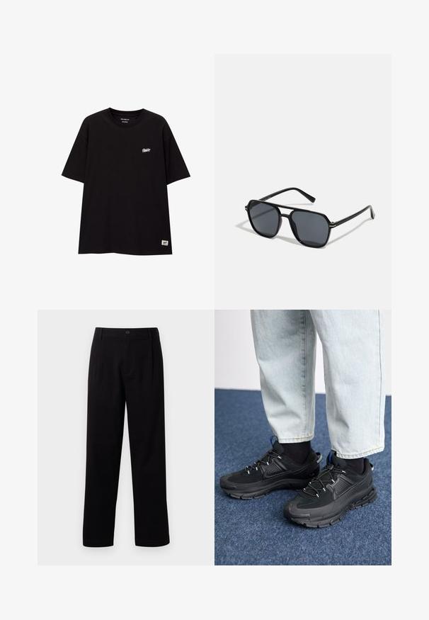 Black relaxed-fit t-shirt made of cotton with short sleeves. Features a small white logo on the chest and a tag on the lower hem.; Black fabric trousers with a straight cut, front pleats, and a single button closure. Smooth texture and no visible patterns.; Black athletic shoes with textured fabric and rubber soles, featuring elastic laces and a blue accent on the heel. Worn with light denim pants.; Black sunglases with octagonal frame, dark lenses, glossy finish, thin temples, and gold accents on the front.