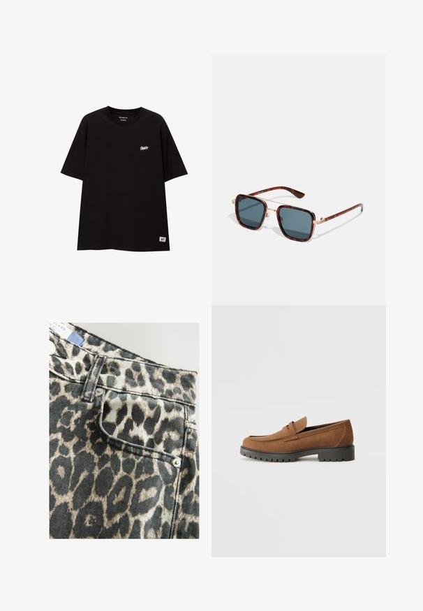 Tricou negru, cu croială lejeră, fabricat din bumbac, cu mâneci scurte. Prezintă un mic logo alb pe piept și un eticheta pe tivul inferior.; Șorturi din denim cu imprimeu leopard, cu talie structurată, buzunar frontal, în nuanțe de negru și bej, finisate cu un nasture argintiu.; Loaferi din suede maro cu vârful rotund și o talpă joasă din cauciuc negru, având o curea decorativă și detalii cusute pe partea superioară.; Ochelari de soare cu ramă țestoasă, lentile gri închis, formă pătrată, accente din metal aurit și brațe subțiri cu detalii striate distinctive.; Geantă din denim cu o formă curbată, de culoare albastru deschis, curea de umăr ajustabilă și un mic pouch detașabil cu accente metalice.