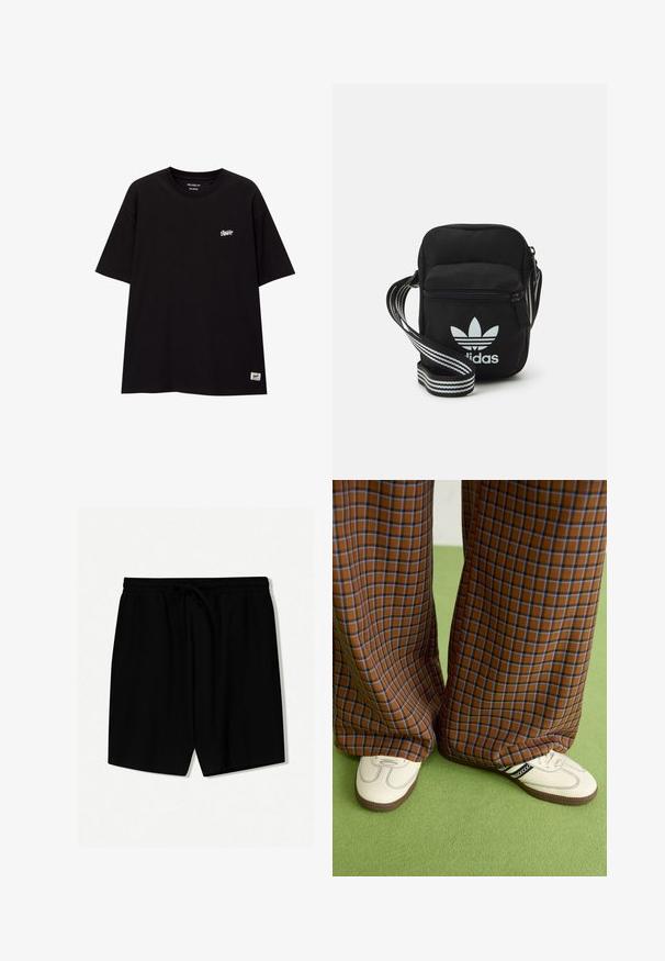 Tricou negru, cu croială lejeră, fabricat din bumbac, cu mâneci scurte. Prezintă un mic logo alb pe piept și un eticheta pe tivul inferior.; Pantaloni scurți negri dintr-un material ușor, cu talie elastică și șnur, plisuri în față și lungime deasupra genunchiului.; Pantaloni largi cu carouri maro și albastru, asociați cu pantofi albi cu accente negre și tălpi texturate, împotriva unui fundal verde.; Geantă de umăr din material textil negru, cu închidere cu fermoar, având un logo Adidas alb și o curea ajustabilă cu dungi pentru o transportare ușoară.