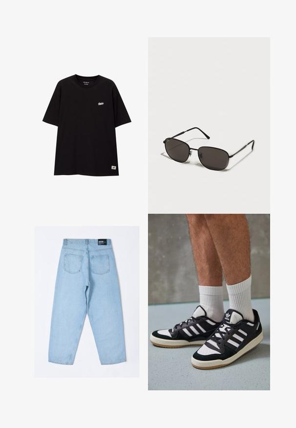Mustat rento-fitsaava t-paita, joka on valmistettu puuvillasta ja jossa on lyhyet hihat. Paitassa on pieni valkoinen logo rinnassa ja etiketti alahelassa.; Vaaleansiniset farkut rentoa istuvuutta, joissa on kaksi takataskua ja näkyvä etiketti vyötäröllä. Sujuva pinta, suora lahjemuoto.; Valkoiset ja mustat tennarit, joissa on mokkanahka- ja nahkapäällinen, kolme valkoista raitaa, rei'itetty kärki ja kumipohja.; Musta metallinen aurinkolasit ovaalin muotoisilla kehyksillä, tummilla linsseillä, kapeilla temppeleillä ja huomaamattomalla logolla vasemmalla linssillä. Elegantti, minimalistinen muotoilu.; Musta kangas olkalaukku vetoketjulla, jossa on valkoinen Adidas-logo ja raidallinen säädettävä hihna helppoa kantamista varten.