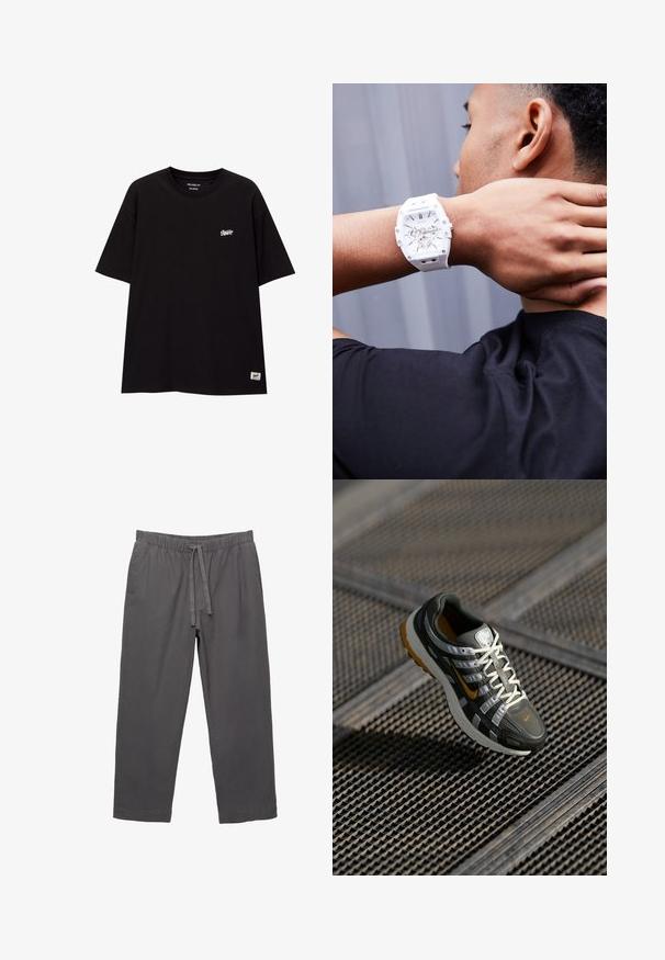 Černé tričko volného střihu vyrobené z bavlny s krátkými rukávy. Obsahuje malé bílé logo na hrudi a štítek na dolním lemu.; Šedé lehké kalhoty s elastickým pasem a šňůrkou. Mají zúžené nohavice a hladkou, mírně texturovanou látku.; Běžecká obuv Nike s šedým síťovaným svrškem, bílými akcenty a jasně oranžovým logem. Obsahuje texturovanou podrážku a polstrovaný design.; Bílý gumový hodinky s robustním designem, průhledným ciferníkem a stříbrnými akcenty, nošené na zápěstí na pozadí tmavé košile.