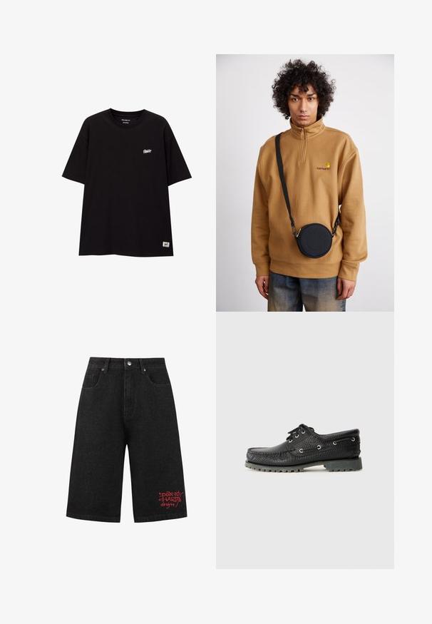 T-shirt nera dal taglio rilassato in cotone con maniche corte. Presenta un piccolo logo bianco sul petto e un'etichetta sull'orlo inferiore.; Shorts in denim nero con taglio dritto, caratterizzati da un logo cucito in rosso sul davanti e tasche standard. Design classico a cinque tasche.; Scarpa nera in tessuto di pizzo con lacci, punta rotonda, occhielli in metallo e suola in gomma grigia resistente. Presenta un motivo intrecciato sulla parte superiore.; Felpa in pile marrone con zip a quarto e logo ricamato, abbinata a una borsa a tracolla rotonda nera con zip e dettagli del logo, indossata sopra dei jeans.