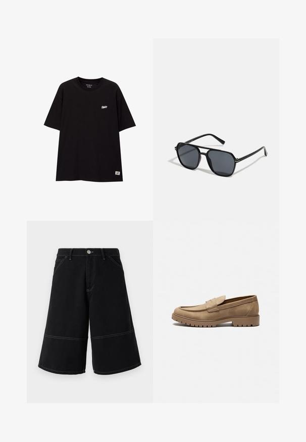 Černé tričko volného střihu vyrobené z bavlny s krátkými rukávy. Obsahuje malé bílé logo na hrudi a štítek na dolním lemu.; Černé džínové šortky s širokým střihem, které mají kontrastní žluté prošívání a přední kapsy. Tkanina má hladkou a pevnou texturu.; Kavové semišové mokasíny s kulatou špičkou, plochou gumovou podrážkou a dekorativním prošíváním na svršku. Mají design bez tkaniček, který umožňuje snadné obouvání.; Černé sluneční brýle s osmiúhelníkovým rámem, tmavými čočkami, lesklým povrchem, tenkými nožičkami a zlatými akcenty na přední části.