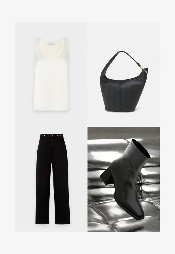 White satin sleeveless tank top featuring a round neckline and smooth texture, with subtle sheen and clean edges.; Black denim wide-leg pants with copper button accents, featuring two front pockets and a high waist design. Smooth texture and straight cut.; Black ankle boot made of glossy material with a square toe and tapered heel, set against a shiny silver tufted background.; Black leather handbag with a rounded shape, a wide strap, and a textured finish. Features a subtle seam detail and a gold-tone hardware accent.