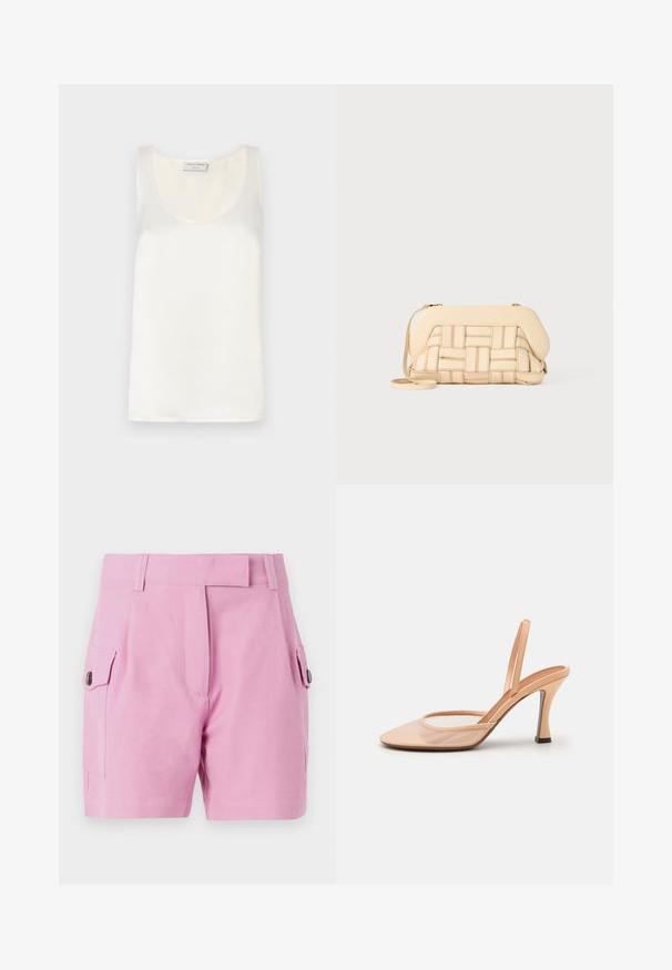 Biała satynowa bezrękawnik z okrągłym dekoltem i gładką fakturą, o subtelnym połysku i czystych krawędziach.; Jasnoróżowe szorty o dopasowanym kroju, z płaskim przodem, bocznymi kieszeniami z zapięciem na guziki oraz gładką fakturą materiału.; Nude siateczkowe sandały na szpilce z ostro zakończonym noskiem, smukłym paskiem na kostce i obcasem w kształcie stiletto, z czarnym akcentem u podstawy.; Tkaniana beżowa torebka o ustrukturyzowanym designie, z gładką górą i długim paskiem. Teksturowane detale podkreślają ogólny wygląd.