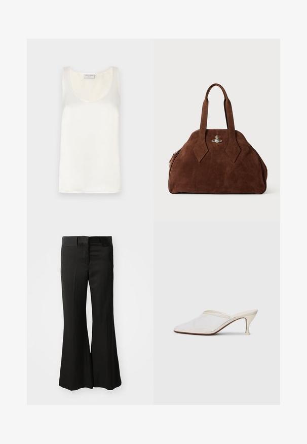 White satin sleeveless tank top featuring a round neckline and smooth texture, with subtle sheen and clean edges.; Black flared trousers made from a smooth material, featuring a mid-rise waistband and a clean, tailored design with no visible embellishments.; White mesh pointed-toe mule with a slim mid-height heel and slip-on design against a plain background.; Brown suede handbag with a structured shape, rounded body, and elongated diamond-shaped handles. Features a silver hardware closure.