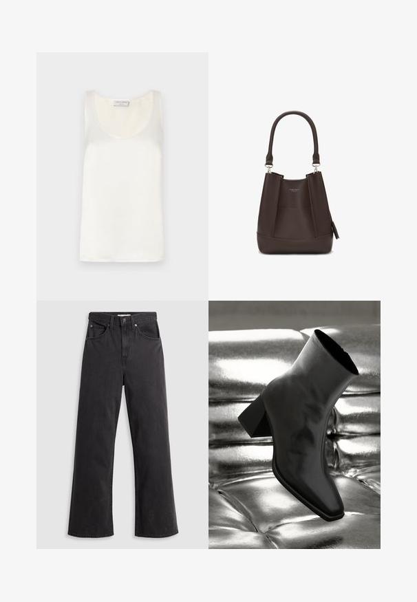 Balts satīns bez piedurknēm T-krekls ar apaļu izgriezumu un gludu tekstūru, ar vieglu spīdumu un tīrām malām.; Melnas džinsu auduma bikses ar plašu kāju, augstu vidukli, piecām kabatām un metāla pogu aizdari. Audumam ir gluda, nedaudz izbalējusi tekstūra.; Melnas potītes kurpes, izgatavotas no spīdīga materiāla, ar kvadrātveida purngalu un konusveida papēdi, novietotas uz spīdīga sudraba izšūta fona.; Carlheim ADALINE - Rokassoma - brown