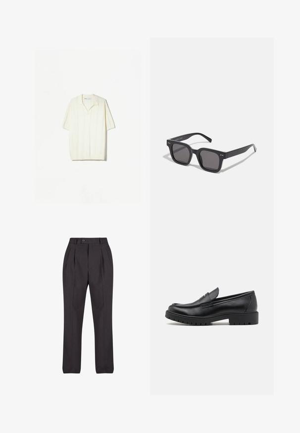 Krátky rukáv pulóver z krémovej pleteniny s vertikálnymi pruhmi, uvoľneným golierom a rebrovaným spodným lemom pre textúru.; Čierne upravené nohavice z hladkej tkaniny, s prednými záhybmi, jednoduchým gombíkovým zapínaním a rovnými nohavicami bez viditeľných vzorov.; Čierne kožené mokasíny s okrúhlou špičkou, s designom na obúvanie a hrubou gumovou podrážkou s textúrovanou protišmykovou úpravou. Vyvýšený opatok a jemné prešívanie.; Čierne obdĺžnikové slnečné okuliare s tmavými sklami, s hrubým rámom, jemnými akcentmi na stranách a bez viditeľných log, okrem názvu značky.; Quartz hodinky Casio s čiernym ciferníkom, strieborným nerezovým remienkom, veľkými bielymi a červenými číslami a vodotesnosťou až do hĺbky 200 metrov.; Strieborný kovový náramok vo forme manžetového náramku s hladkým, matným povrchom. Má otvorený dizajn s zaoblenými hranami, čo umožňuje nastaviteľné veľkosti.