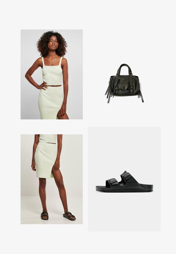 Lichtgroene geribbelde crop top met vierkante halslijn en brede straps, gecombineerd met een bijpassende rok tot de knie met een zijsplit.; Lichtgroene geribde gebreide rok met een hoge split tot de bovenbeen, gecombineerd met zwarte sliders. Eenvoudig, aansluitend ontwerp benadrukt de textuur en kleur.; Zwarte rubberen sandalen met twee verstelbare banden, een gestructureerde voetbed en een dikke, geribbelde zool, met een minimalistisch ontwerp.; Zwarte lederen handtas met gevlochten handvatten, ritsvak en hangende franjes. Gelaagde oppervlakte met metalen studs en hardwareaccenten.