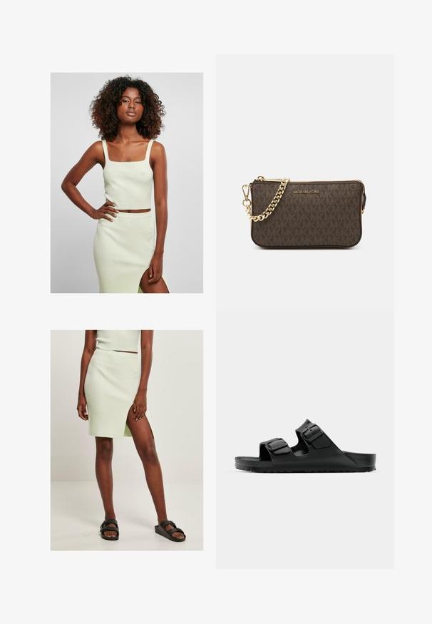Top corto a coste verde chiaro con scollatura quadrata e spalline spesse, abbinato a una gonna lunga fino al ginocchio coordinata, dotata di uno spacco laterale.; Gonna a coste verde chiaro con uno spacco fino alla coscia, abbinata a sandali neri. Design semplice e aderente che mette in risalto la texture e il colore.; Sandali in gomma nera con due cinturini regolabili, soletta testurizzata e suola spessa con battistrada, caratterizzati da un design minimale.; Borsa a tracolla in pelle marrone con motivo logo, tracolla in catena dorata, chiusura con zip e dettagli in metallo dorato. Forma compatta e rettangolare.