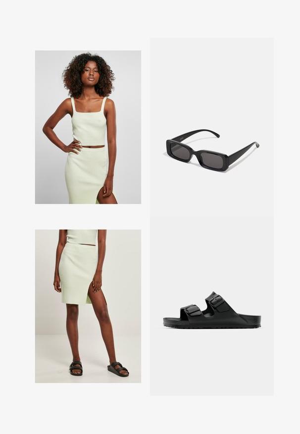 Világoszöld bordázott crop top négyzet alakú kivágással és vastag pántokkal, párosítva egy ugyanolyan színű, térdig érő szoknyával, oldalvágással.; Világoszöld, bordázott kötött szoknya, combig érő hasítékkal, fekete slides papuccsal párosítva. Az egyszerű, testhezálló kialakítás kiemeli a textúrát és a színt.; Fekete gumiszandál, két állítható pánttal, texturált talppal és vastag, bordázott talppal, minimalista dizájnnal.; Fekete, téglalap alakú napszemüveg sötét lencsékkel, fényes felülettel, széles szárakkal és masszív keret designnal. Az egyik szárra gravírozott márkanevével.