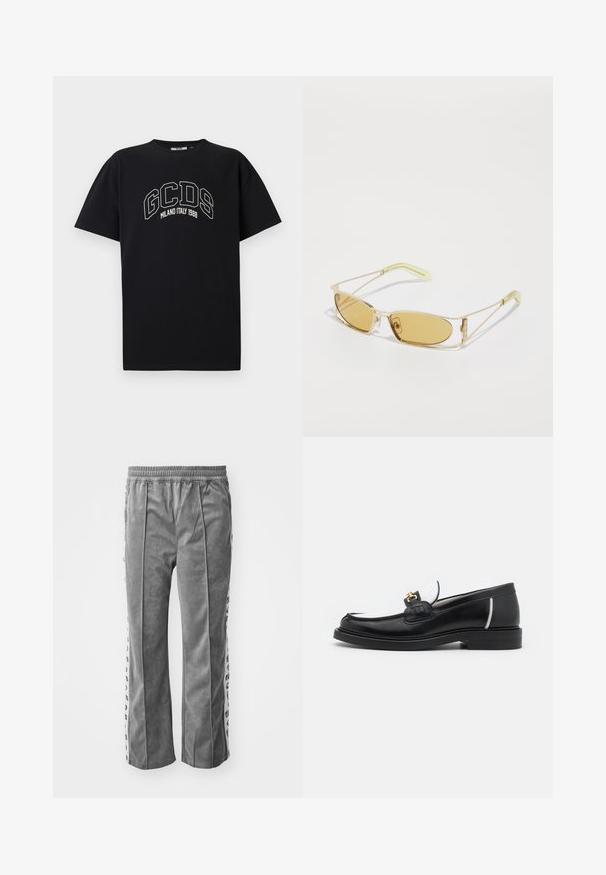 Black cotton t-shirt with short sleeves. Features white GCDS logo and "MILANO ITALY 1988" text in an arch. Standard fit and crew neck.; Gray velour pants with an elastic waistband, featuring side stripes with graphic prints. Wide-leg design, smooth texture, and no pockets.; Black leather loafer with a rounded toe, white accents, and gold hardware on the vamp. Features a textured patch and stacked heel.; Yellow-tinted sunglasses with a translucent gold frame, slim rectangular shape, and angular arms with light green accents.