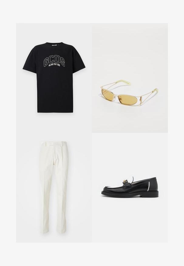 Camiseta de algodón negra con mangas cortas. Presenta el logo blanco de GCDS y el texto "MILANO ITALIA 1988" en forma de arco. Corte estándar y cuello redondo.; Pantalones blancos de algodón, con un diseño de pierna recta, frente plano y sin patrones ni herrajes visibles. Textura suave.; Mocasín de piel negra con punta redondeada, acentos en blanco y herrajes dorados en la parte superior. Presenta un parche texturizado y un tacón apilado.; Gafas de sol con tintado amarillo, con un marco dorado translúcido, forma rectangular delgada y brazos angulares con acentos de color verde claro.