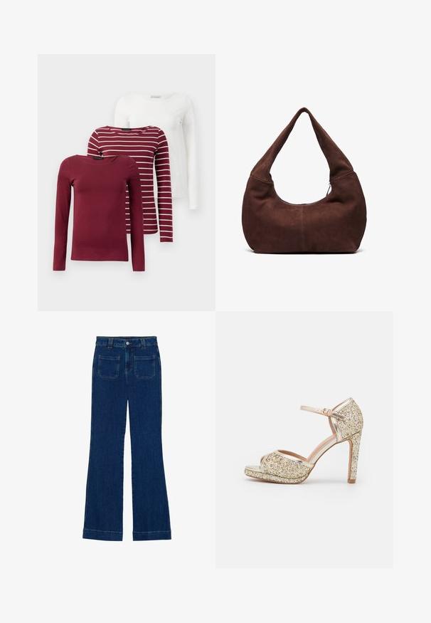 Kolm pikavarsi T-särki: üks ühtlane burdeos, üks burdeos valgete triipudega ja üks ühtlane valge. Kõik on valmistatud pehmest, venivast kangast.; Tumedat sinised flared teksad, millel on sile tekstuur, viie tasku disain ja nupuga kinnitamine vööl.; Kuldne sädelev kõrge kontsaga sandaal avatud varbaga, ankle strap ja paksu platvormiga. Sile metallist aksent rõhutab üldist disaini.; Pruuni nahkhiirekott, millega on kaasas kumer ja lai käepide ning suur avaus. Pehme tekstuuriga, mille servadel on nähtavad õmblustähed.