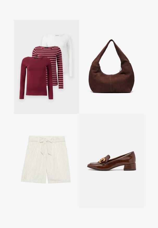 Tre långärmade t-shirts: en i enhetlig vinröd, en vinröd med vita ränder, och en enhetlig vit. Alla är tillverkade av mjukt, stretchigt tyg.; Vita randiga shorts med midjeband. Tyget har smala mörka linjer, och designen inkluderar veck för extra detalj.; Bruna läderloafers med en glänsande yta, försedd med en dekorativ guldkoppling på framsidan och en låg blockklack. Klassisk design.; Brun mockaim väskan med ett böjt, brett handtag och en stor öppning. Mjuk textur med synlig sömnadsdetalj längs kanterna.