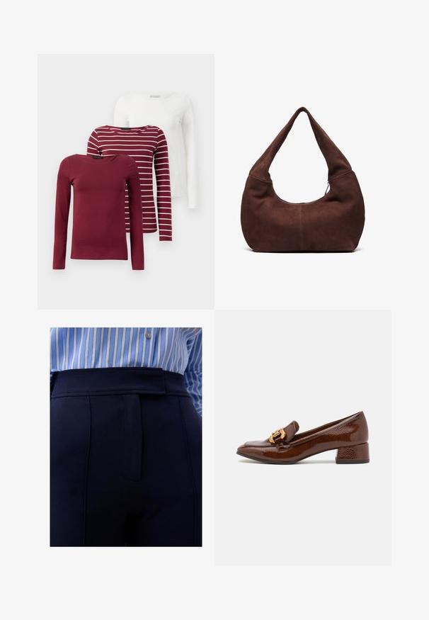 Trzy koszulki z długim rękawem: jedna jednolita burgundowa, jedna burgundowa w białe paski i jedna jednolita biała. Wszystkie wykonane są z miękkiego, elastycznego materiału.; Scalpers - Spodnie materiałowe; Brązowe skórzane loafersy o błyszczącym wykończeniu, z dekoracyjnym złotym zapięciem z przodu i niskim obcasem. Klasyczny design.; Brązowa zamszowa torba hobo z krzywym, szerokim uchwytem i dużym otworem. Miękka tekstura z widocznym szyciem wzdłuż krawędzi.