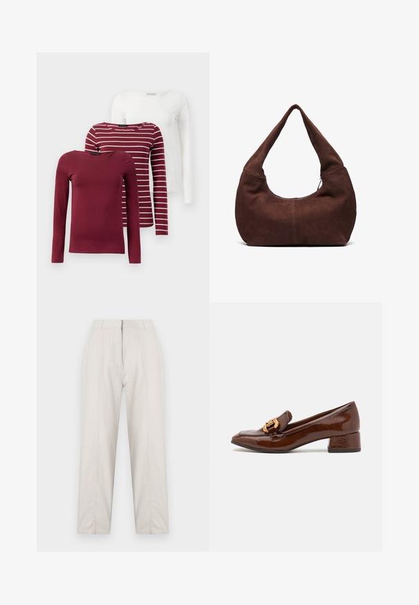 Tre t-shirt a maniche lunghe: una di colore bordeaux uniforme, una bordeaux con righe bianche e una bianca uniforme. Tutte sono realizzate in tessuto morbido e elastico.; Pantaloni color crema con design a gamba dritta, caratterizzati da pieghe frontali, due tasche laterali e vita media.; Mocassini in pelle marrone con finitura lucida, caratterizzati da una fibbia dorata decorativa sulla parte anteriore e un tacco basso a blocco. Design classico.; Borsa hobo in suede marrone con una maniglia curva e larga e un'ampia apertura. Tessuto morbido con dettagli di cucitura visibili lungo i bordi.