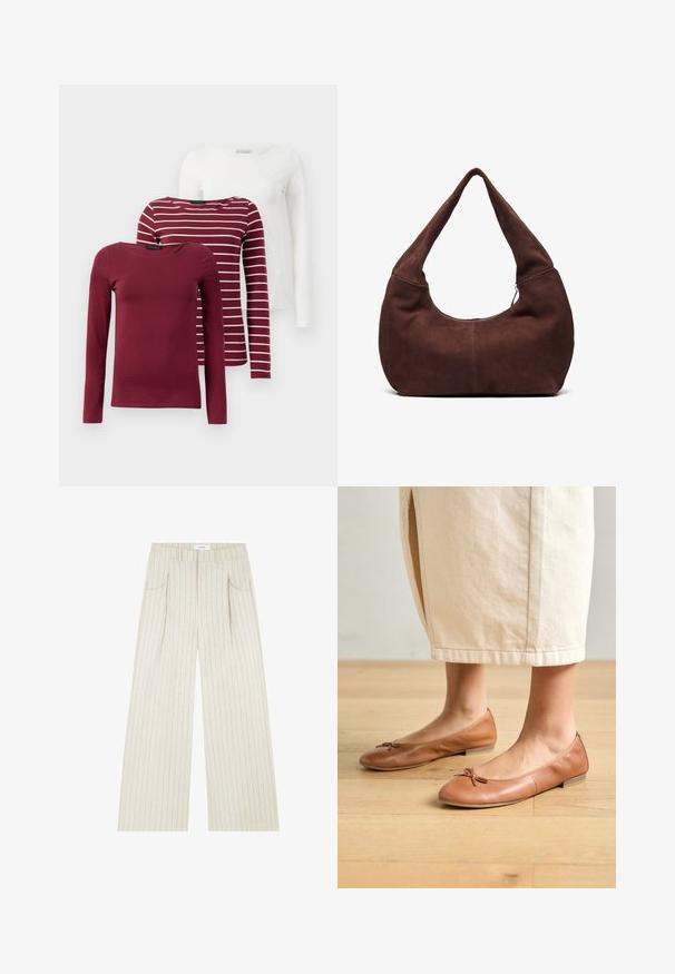Drei Langarm-T-Shirts: eines einfarbig burgunderrot, eines burgunderrot mit weißen Streifen und eines einfarbig weiß. Alle bestehen aus weichem, dehnbarem Stoff.; Beige weite Hosen mit vertikalen Nadelstreifen, ausgestattet mit Fronttaschen, Falten und einem gesteppten Bund für mehr Struktur.; Braune Leder-Ballettschuhe mit runder Zehenform und einem kleinen Schleifendetail, flachem Absatz und glatter Textur, kombiniert mit einem hellen Rock.; Braune Wildleder-Hobo-Tasche mit einem gebogenen, breiten Griff und einer großen Öffnung. Weiche Textur mit sichtbaren abgesteppten Details entlang der Kanten.