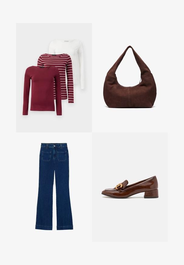 Tres camisetas de manga larga: una de color burdeos sólido, una burdeos con rayas blancas y una blanca sólida. Todas están hechas de una tela suave y elástica.; Vaqueros de campana de mezclilla en azul oscuro con una textura suave, diseño de cinco bolsillos y cierre de botón en la cintura.; Mocasines de cuero marrón con un acabado brillante, que presentan una hebilla decorativa dorada en la parte frontal y un tacón bajo tipo bloque. Diseño clásico.; Bolso hobo de ante marrón con un asa curvada y ancha y una gran apertura. Textura suave con costuras visibles a lo largo de los bordes.