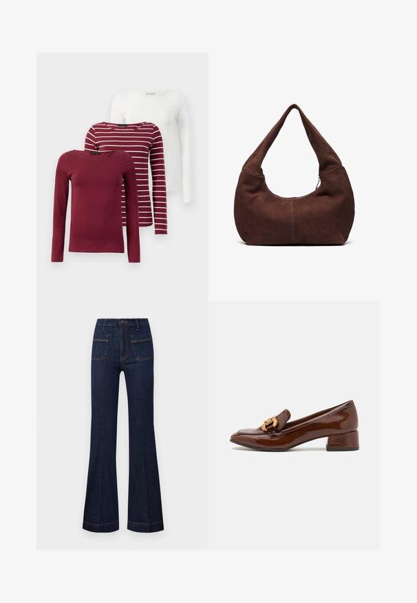 Kolme pitkähihasta T-paitaa: yksi yksivärinen burgundinvärinen, yksi burgundinvärinen valkoisilla raidoilla ja yksi täysin valkoinen. Kaikki on valmistettu pehmeästä, joustavasta kankaasta.; Tummat farkut, joissa on leveät lahkeet, muotoiltu istuvuus, korkea vyötärö ja kontrastiväriset oranssit ompeleet. Mukana kaksi etu- ja takataskua.; Ruske nahkasaapad läikiva viimistlusega, millel on ees dekoratiivne kuldne klamber ja madal plokkkonts. Klassikaline disain.; Ruskea mokkahobo-laukku, jossa on kaareva, leveä kahva ja suuri aukko. Pehmeä tekstuuri, jossa on näkyvää tikkausta reunoilla.