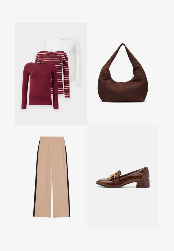 Tri majice s dugim rukavima: jedna jednobojna burgundija, jedna burgundija s bijelim prugama i jedna potpuno bijela. Sve su napravljene od mekanog, rastezljivog materijala.; Bež hlače širokih nogavica s glatkom teksturom, s crnim bočnim trakama. Gumica u struku osigurava udobnost i jednostavno oblačenje.; Smeđe kožne mokasine s sjajnom završnom obradom, s ukrasnom zlatnom kopčom sprijeda i niskim blok petama. Klasičan dizajn.; Smeđa suknjena hobo torba s zakrivljenom, širokom ručkom i velikim otvorom. Mekana tekstura s vidljivim šavovima duž rubova.