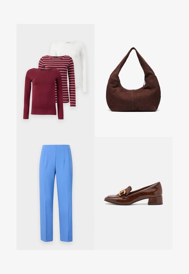 Három hosszú ujjú póló: egy egyszínű bordó, egy bordó fehér csíkos, és egy egyszínű fehér. Mindegyik puha, rugalmas anyagból készült.; Sima anyagból készült, kék, szabott nadrág, oldalsó redőkkel, egyenes szabású és tiszta derékrésszel. Nincs látható hardver vagy minta.; Barna bőr loaferek fényes felülettel, dekoratív arany csattal az elején és alacsony blokk sarkával. Klasszikus dizájn.; Barna velúr hobo táska ívelt, széles fogantyúval és nagy nyílással. Puha textúra, a szélek mentén látható varrás részletekkel.