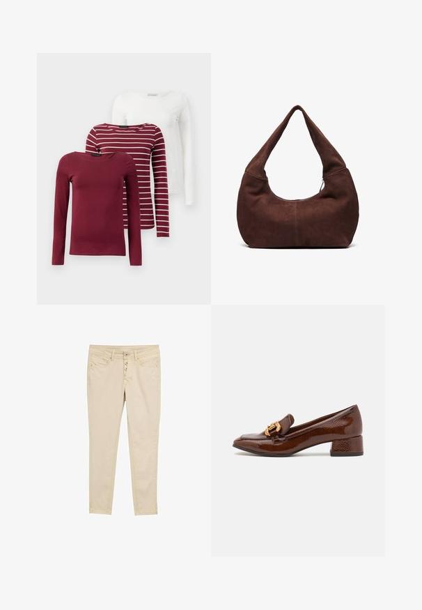 Trys ilgomis rankovėmis marškiniai: vieni vienspalvės bordo spalvos, kiti bordo su baltais dryžiais, ir vieni vienspalviai balti. Visi pagaminti iš minkštos, elastingos medžiagos.; Bežiniai medvilniniai siauručiai džinsai su penkių mygtukų uždarymu, priekinėmis kišenėmis ir subtiliomis siuvimo detalėmis. Lygus paviršius ir prigludęs dizainas.; Rudos odinės loafer'iai su blizgiu paviršiumi, dėlionis auksinis užsegimas priekyje ir žemas blokinis kulnas. Klasikinis dizainas.; Ruda suedinė hobo rankinė su išlenktu plačiu rankenos dizainu ir didele atidarymo angą. Minkšta tekstūra su matomomis siuvimo detalėmis palei kraštus.
