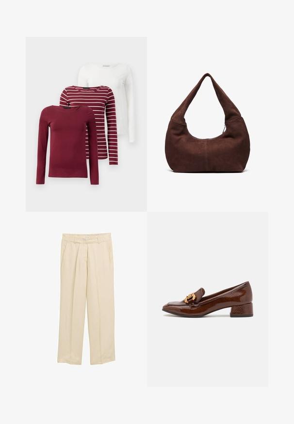 Kolm pikavarsi T-särki: üks ühtlane burdeos, üks burdeos valgete triipudega ja üks ühtlane valge. Kõik on valmistatud pehmest, venivast kangast.; Beežid, laiad püksid kergest kangast. Omavad elastset vöökohta ja küljetaskuid. Sile tekstuur koos peente vertikaalsete triipudega.; Pruunid nahast loafersid läikiva viimistlusega, esiosal dekoratiivne kuldne pannal ja madal plokk konts. Klassikaline disain.; Pruuni nahkhiirekott, millega on kaasas kumer ja lai käepide ning suur avaus. Pehme tekstuuriga, mille servadel on nähtavad õmblustähed.