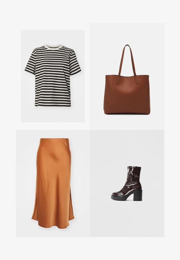 Juostuota marškinėliai, pagaminti iš minkštos medžiagos, su horizontaliomis juodomis ir grietinėlės spalvos juostelėmis, apvaliu kaklu, trumparankoviu ir laisvu siluetu.; Satino midi sijonas deginto oranžinio atspalvio, su lygiu paviršiumi, šoniniu įpjovimu ir šiek tiek platėjančia kraštine, suteikiančia plaukiantį siluetą.; Blizgus burgundių spalvos kulknapis su tankiu juodu kulnu, pasižymintis lygiu paviršiumi ir paprastu dizainu. Nėra matomų užsegimų ar raštų.; Ruda odinė priekabų krepšys su glotnia tekstūra, atviru viršumi ir dviem petnešomis. Su minimalia siuvimo detalėmis ir nematoma aparatūra.