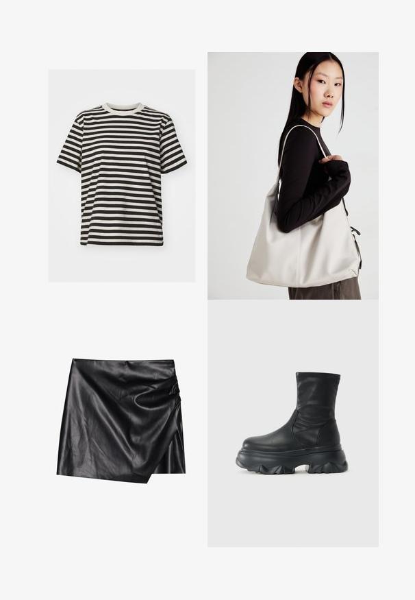 Gestreept T-shirt van zachte stof, met horizontale zwarte en crème strepen, ronde hals, korte mouwen en een relaxed fit.; Zwarte leren minirok met een wikkelontwerp, met een zachte, gladde textuur en subtiele draperingdetails aan één kant.; Zwarte laars tot halverwege de kuit met een soepele leren bovenkant en een dikke, gesculptuurde chunky zool met een diep profiel.; Beige handtas gemaakt van zacht materiaal, met een slonzig ontwerp, gestikte details en twee schouderbanden. Geschikt voor dagelijks gebruik.