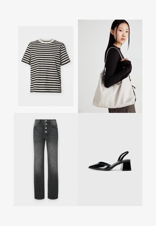 Raidallinen t-paita, joka on valmistettu pehmeästä kankaasta. Tässä paidassa on vaakasuoria mustia ja kermaisia raitoja, pyöreä kaula-aukko, lyhyet hihat ja rento istuvuus.; Mustat korkeevyötäröiset farkut suoran lahjen muotoilulla, viiden taskun design, ja viisi metallipainiketta vetoketjussa. Hieman haalistunut denimi-tekstuuri.; Mustat patentoitu nahkakengät, joissa on säären takaosa ja terävä kärki, sekä geometrinen palikkakorko. Sisältää tyylikkään, minimalistisen muotoilun ja sileän pinnan.; Beige laukku, joka on valmistettu pehmeästä materiaalista, ja siinä on rento muotoilu, ommeltu yksityiskohtia ja kaksi olkahihnaa. Sopii päivittäiseen käyttöön.