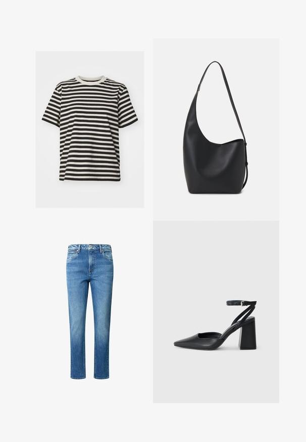 T-shirt às riscas feito de tecido macio, com riscas horizontais pretas e creme, gola redonda, mangas curtas e um corte descontraído.; Jeans de ganga azul claro com corte reto, cinco bolsos, fecho de botão e zipper, e um ligeiro desbotado nas partes superiores das pernas.; Sandal com biqueira afilada em couro preto, com cinta no tornozelo e salto grosso. Textura lisa, design elegante e estética minimalista.; Saco hobo preto em pele com uma textura lisa, forma curva e uma única alça ajustável; apresenta uma abertura larga na parte de cima.