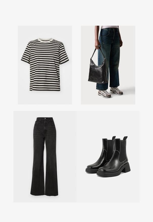 Tricou cu dungi, realizat dintr-un material moale, având dungi orizontale negre și crem, guler rotund, mâneci scurte și o croială lejeră.; Jeans negri evazați cu talie înaltă, fabricate din denim. Dispune de închidere cu buton frontal, cinci buzunare și tiv brut la picioare.; Botine Chelsea din piele neagră, cu toc masiv, panouri laterale elastice și cusături albe contrastante. Finisaj texturat.; Geantă de umăr din piele neagră, cu o textură netedă și curea ajustabilă, asortată cu blugi evazați și adidași.