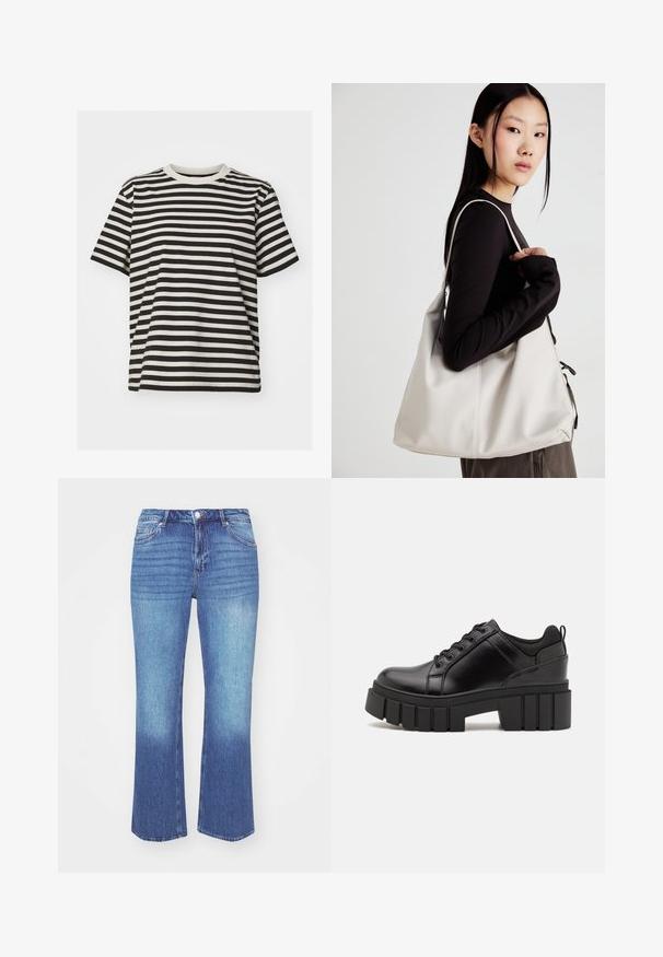 Ribadega t-särk pehmest kangast, millel on horisontaalsed mustad ja kreemjad triibud, ümar kaelus, lühikesed varrukad ja lõdvene sobivus.; Denim teksad heledast kuni keskmise sinise gradientiga. Omab sirge lõikega sääri, viit taskut ja õmblustega kaunistusi õmbluste ääres.; Must musta platvormsussid paksu plokkninal, ümmarguse varbaga ja traditsioonilise nööridega kinnitamisega. Sussid on sileda tekstuuriga ja minimaalsete detailidega.; Bež käekott pehme materjali, millel on lõtv disain, õmblustega detailid ja kaks õlarihma. Sobib igapäevaseks kasutamiseks.