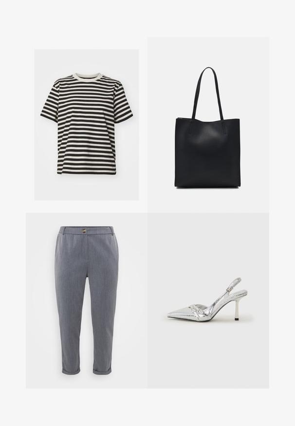 Striped t-shirt made of soft fabric, featuring horizontal black and cream stripes, crew neck, short sleeves, and a relaxed fit.; Gray tailored trousers featuring a smooth, woven texture, cuffed hems, front pockets, and a button closure at the waistband.; Silver slingback high heel shoe with a pointed toe, metallic finish, two decorative straps, and a slender heel with a black tip.; Black leather tote bag with smooth texture, rectangular shape, and two long handles. No visible hardware or embellishments.