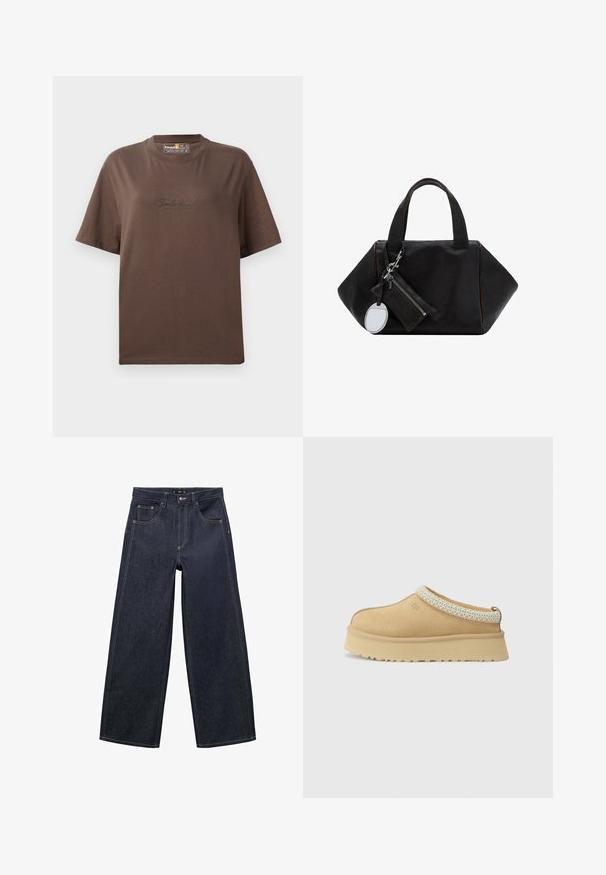 T-shirt in cotone marrone con maniche corte e scollo rotondo. Presenta un sottile logo ricamato "Timberland" sul davanti.; Jeans ampi di colore blu scuro realizzati in tessuto denim. Presentano una zip frontale, una chiusura a bottone e cuciture in contrasto lungo le cuciture.; Scarpa slip-on in suede color sabbia con colletto imbottito e accento in tessuto blu chiaro testurizzato. Presenta una suola spessa e resistente con battistrada decorato.; Borsa a mano in pelle nera con un design geometrico, due manici corti e un pouch con zip removibile e un ciondolo a specchio rotondo.