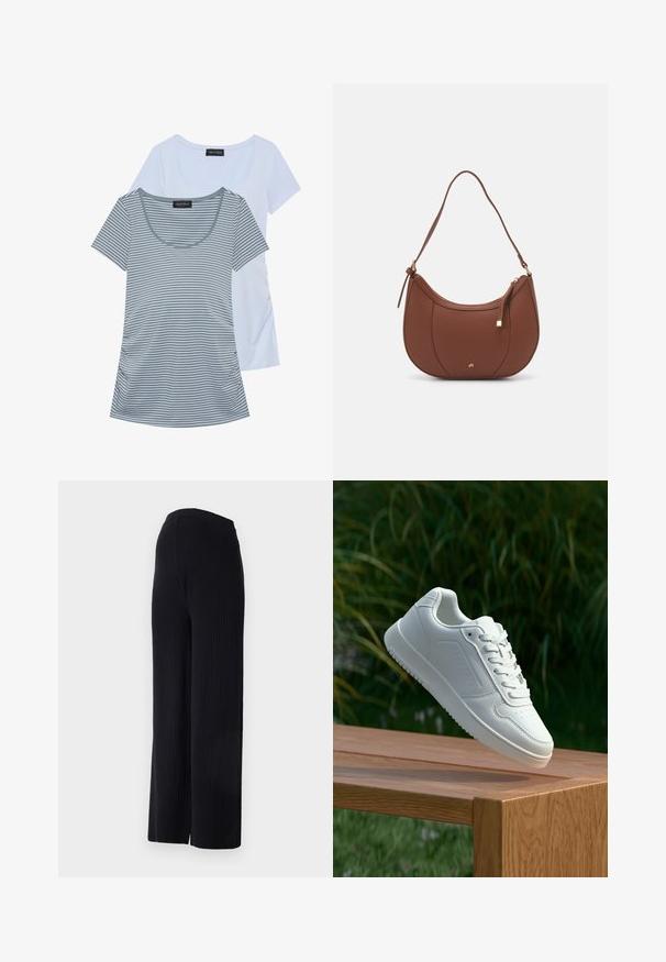 Divas divām t-krekliem: viens viendabīgi gaiši zils, otrs pelēks ar horizontālām svītrām. Abiem ir apaļa kakla izgriezums un īsas piedurknes.; Even&Odd Maternity Auduma bikses - black; Baltie sporta apavi ar gludu sintētisku augšpusi, perforētu pirkstu daļu, plakani šņorēm un rakstainu zoli, novietoti uz koka virsmas.; Brūns mākslīgās ādas pleca soma ar izliekta forma, minimāls šuvums un zelta toņa aparatūras akcenti. Aprīkota ar augšējo rāvējslēdzēju un regulējamu siksnu.