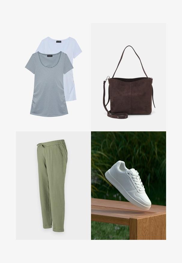 Kaksi t-paitaa: yksi tasavärinen vaaleansininen ja toinen harmaa vaakaraitoja. Molemmissa on pyöreä pääntie ja lyhyet hihat.; Vaaleanvihreät, rento-fittiset housut, joissa on joustava vyötärönauha, naru, sivutaskut ja käärityt lahkeet. Valmistettu pehmeästä, teksturoidusta materiaalista.; Valkoiset tennarit, joissa on sileä synteettinen päällinen, rei'itetty varvasosa, litteät nauhat ja teksturoitu pohja, esillä puupinnalla.; Ruskea mokkanahkainen kassi, jonka pinta on pehmeä. Kassissa on yksi olkahihna ja hienovarainen, kaareva yläaukeama. Ei näkyviä metalliosia.