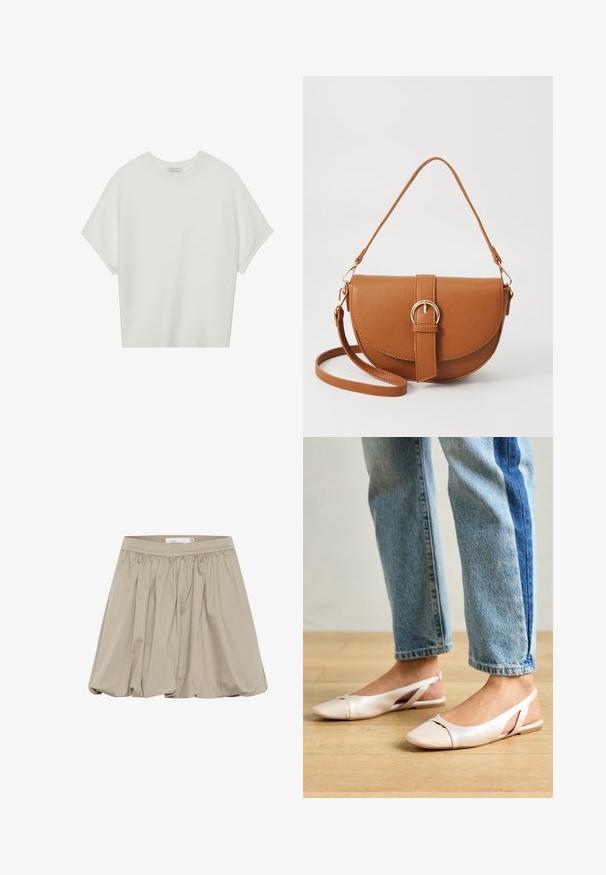 Biela tričko s krátkym rukávom a širokým okrúhlym výstrihom, s textúrovaným rebrovaným vzorom, vyrobené z mäkkej látky, s uvoľneným strihom a čistým dizajnom.; Béžová sukňa s zhromaždeným dizajnom a elastickým pásom. Vyrobená z ľahkej tkaniny, s objemným tvarom a hladkou textúrou.; Svetloružové slingback baleríny s jemne špicatou špičkou, vyrobené z hladkého materiálu pripomínajúceho kožu. Majú výrezové detaily na stranách a plochý opätok.; Hnedá kožená kabelka cez telo s zakriveným tvarom, zlatými kovovými doplnkami a akcentom s prackou. Obsahuje odnímateľný ramenný popruh.