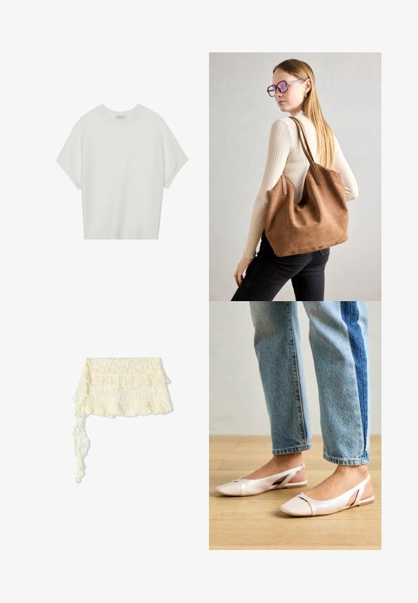 Fehér, rövid ujjú póló széles kerek nyakkivágással és textúrázott, bordás mintával, puha anyagból készült, laza fazonú és letisztult dizájnú.; Ivory színű csipkefodros kendő; összetett virágmintákkal díszítve; finoman lebeg, hosszú, lecsüngő végén.; Világos rózsaszín slingback laposlábú cipők, hegyes orral, sima bőrhatású anyagból készült. Oldalt kivágott részletek találhatók rajta, valamint lapos sarkú.; Barna velúr vászontáska puha textúrával, nagy nyílással és hosszú pántokkal. Egyszerű dizájnnal rendelkezik, látható varrással és nincs rajta fém alkatrész.