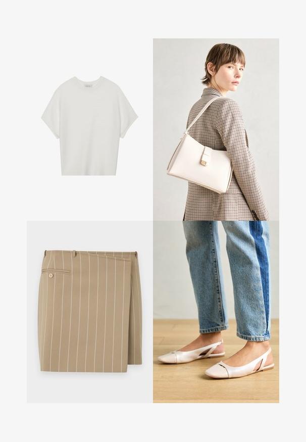 Hvit t-skjorte med korte ermer, bred rund hals og teksturert ribbet mønster, laget av myk stoff, med en avslappet passform og et enkelt design.; Beige skjørt med vertikale hvite striper, laget av et teksturert stoff. Har en frontlapp og en baklomme med en knappdetalj.; Lys rosa slingback leiligheter med spiss tå, laget av et glatt, læraktig materiale. Har utskjæringer på sidene og lav hæl.; Hvit lær veske med en strukturert design, med magnetlås og skulderstropp, vist mot en nøytral bakgrunn.