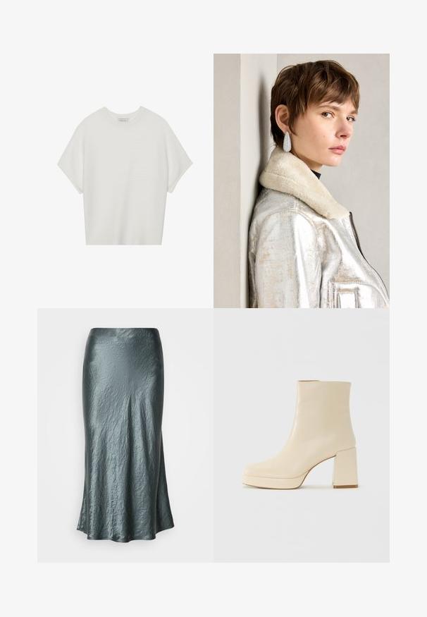 Weißes T-Shirt mit kurzen Ärmeln, weitem Rundhalsausschnitt und strukturiertem Rippenmuster, aus weichem Stoff, mit legerer Passform und einem klaren Design.; Metallic türkisfarbene Midirock mit einer geriffelten Textur, ausgeprägter Form und glatter Oberfläche. Keine sichtbaren Verschlüsse oder Verzierungen.; Beige Leder-Stiefelette mit Blockabsatz und Plateau-Sohle, glatte Oberfläche und leicht quadratische Zehenpartie, nach links auf weißem Hintergrund.; Silberne metallische Lederjacke mit Schaffellkragen, mit Reißverschluss und strukturiertem Oberflächen. Große Tropfenohrringe mit klaren Edelsteinen.