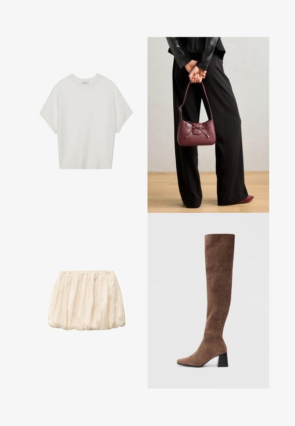 Bílý krátký rukáv tričko s širokým kulatým výstřihem a texturovaným žebrovaným vzorem, vyrobené z měkké látky, s uvolněným střihem a čistým designem.; Krémová krátká sukně vyrobená z lehké, texturované látky s nabíraným designem a elastickým pasem. Neformální a univerzální pro různé outfity.; Hnědé kozačky nad kolena vyrobené z měkké semiše s špičatou špičkou a silným černým podpatkem. Design obsahuje bezešvé švy pro elegantní vzhled.; Burgundská kožená kabelka s mašlí, s úzkým popruhem a zlatými detaily, kterou drží osoba v černých kalhotách.