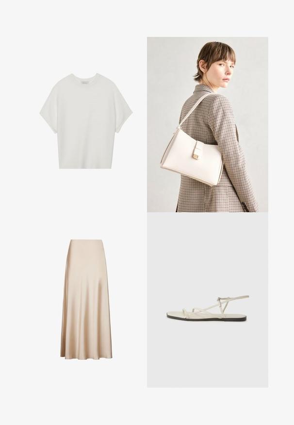 Biała koszulka z krótkim rękawem o szerokim dekolcie, wykonana z miękkiego materiału, z fakturowanym prążkowanym wzorem, charakteryzująca się luźnym krojem i minimalistycznym designem.; Beżowa spódnica midi z satyny, o gładkiej teksturze i rozszerzającym się kroju od talii do dołu, w kształcie litery A. Brak widocznych wzorów lub akcentów.; Beżowe płaskie sandały z wieloma cienkimi paskami i regulowanym zapięciem. Podeszwa jest płaska z delikatnym ciemnym kontrastem na krawędzi.; Biała skórzana torebka o strukturalnym wzorze, z magnetycznym zapięciem i paskiem na ramię, zaprezentowana na neutralnym tle.