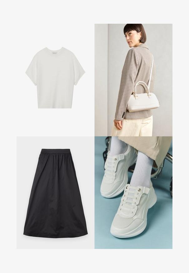 T-shirt blanc à manches courtes avec un large col rond et un motif côtelé texturé, fabriqué en tissu doux, présentant une coupe décontractée et un design épuré.; Jupe maxi noire en tissu lisse ; dotée d'une taille froncée, d'une silhouette fluides et d'un ourlet droit sans embellissements supplémentaires.; Baskets blanches avec un matériau en maille, semelle en caoutchouc, design sans lacets avec des bandes élastiques et accents dorés.; Sac à main structuré blanc avec de courtes poignées et une bandoulière, doté de accents en métal doré et d'un matériau texturé, présenté sur un fond gris.