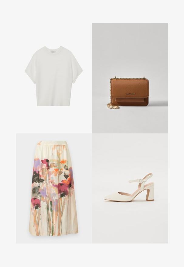 Vit kortärmad t-shirt med bred rund halsringning och texturerad ribbad mönster, tillverkad av mjukt material, med avslappnad passform och en ren design.; Blommönstrad kjol med en krämfärgad bakgrund; har färgglada, abstrakta blommönster i rosa, lila och orange; elastisk midja.; Spetsig tå, krämfärgad pumpsko med klack av blocktyp. Har en tunn ankelrem med en rund spänne och en slät lädertextur.; Brun texturerad läder crossbody-väska med guldkedja och klaffstängning. Framsidan har logotypdetalj och en ficka under klaffen.