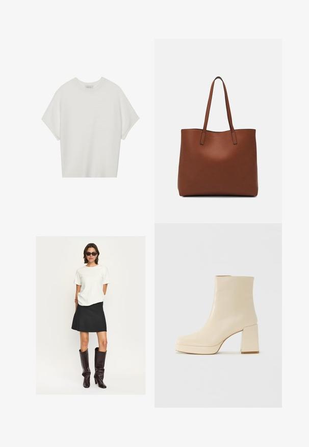 Biała koszulka z krótkim rękawem o szerokim dekolcie, wykonana z miękkiego materiału, z fakturowanym prążkowanym wzorem, charakteryzująca się luźnym krojem i minimalistycznym designem.; Biała bluzka z krótkim rękawem w połączeniu z czarną mini spódnicą w kształcie dzwonu oraz błyszczącymi ciemnobrązowymi kozakami do kolan. Całość charakteryzuje się czystymi liniami i teksturami.; Beżowe skórzane botki za kostkę na niskim obcasie z platformą, o gładkim wykończeniu i lekko kwadratowym nosku, skierowane w lewo na białym tle.; Brązowa skórzana torba tote o gładkiej fakturze, z otwartym wierzchem i dwoma ramiączkami. Charakteryzuje się minimalnym przeszyciem i brakiem widocznych elementów metalowych.