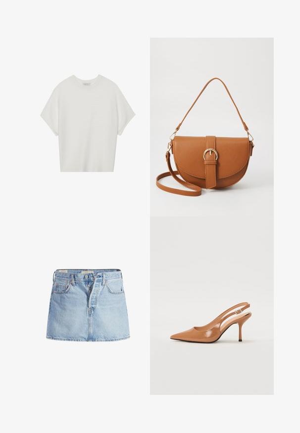 Camiseta blanca de manga corta con cuello redondo amplio y patrón acanalado texturizado, hecha de una tela suave, con un corte relajado y un diseño limpio.; Falda de mezclilla azul claro con cintura ajustada, diseño de cinco bolsillos, cierre delantero de botones y un sutil desgaste en toda la tela.; Zapato de tacón tipo slingback con punta afilada en un material suave y brillante de color marrón. Presenta un diseño con corte curvado y un tacón de aguja delgado. Detalle de hebilla plateada.; Bolso bandolera de cuero marrón con forma curvada, herrajes dorados y un acento de hebilla. Incluye una correa de hombro desmontable.